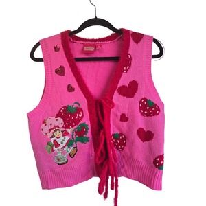 NWOT Strawberry Shortcake Pink Knit Sweater Vest Embroidered Heart Sequin Med‎